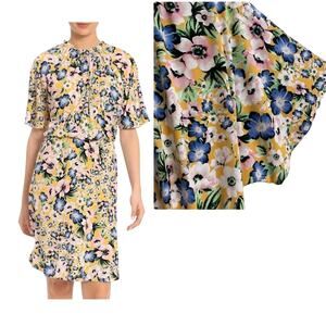 MAGGIE LONDON DRESS Plus Size 18W Women' Gold Blue Ruffle Ditsy Print Mini Dress